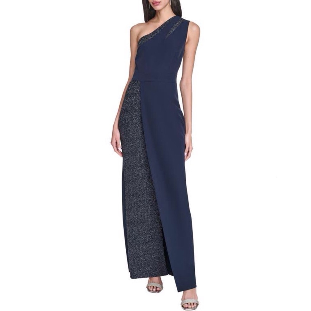 Vince Camuto One Shoulder Blue Maxi Cocktail Gown Bead Embellished Size 6